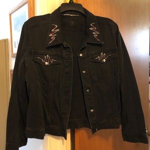 Black denim jacket with motorcycle theme trim